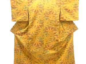 リサイクル　葉模様織出し手織り紬単衣着物